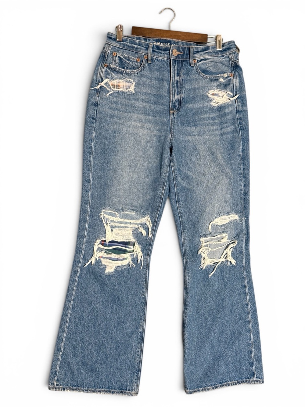 Women’s American Eagle Highest Rise 90s Flare Jeans Distressed Plaid Backing 8